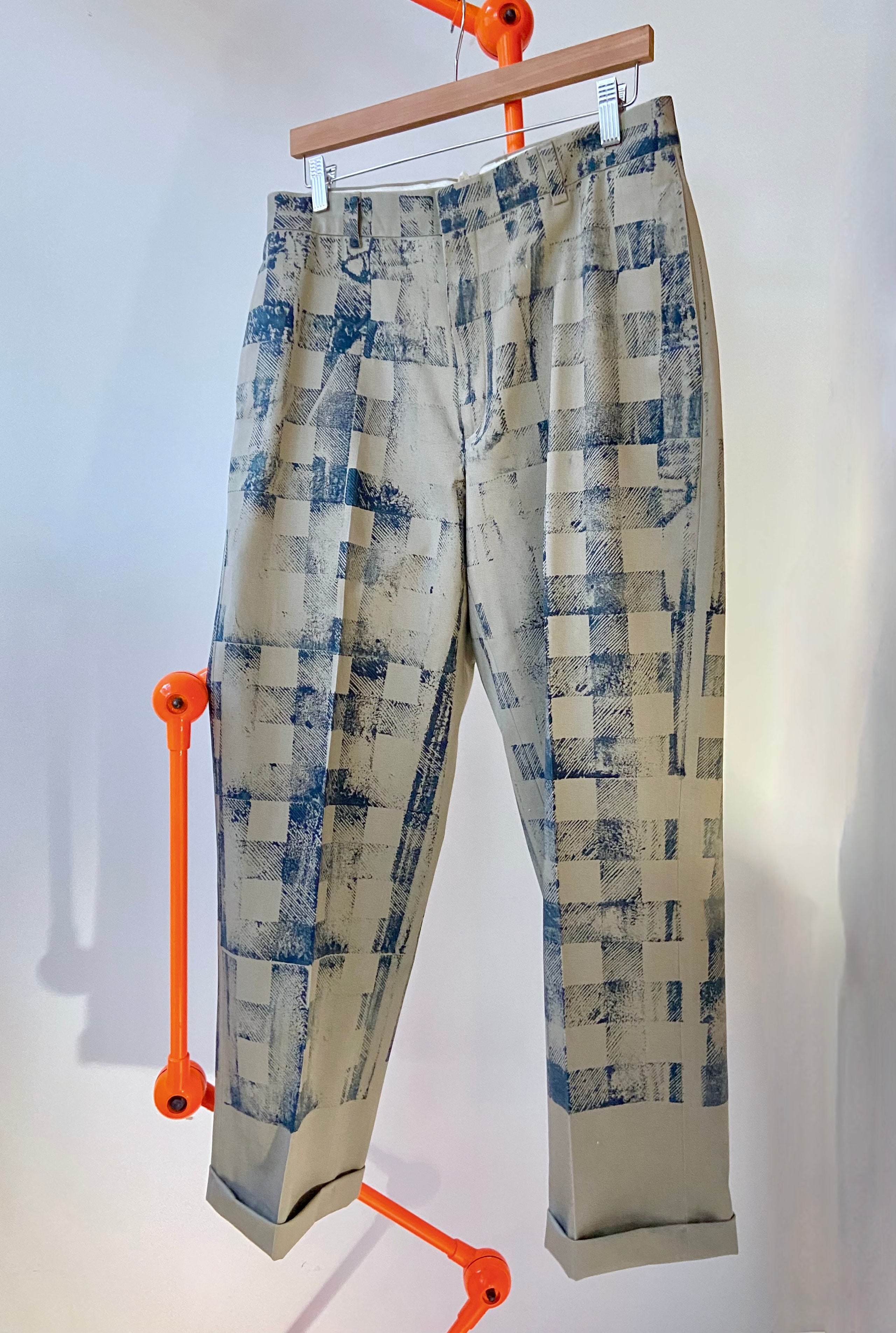 IXV rework vintage chino mens pants with giant navy gingham blockprint -